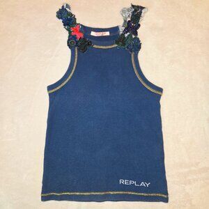 Replay Girls Navy Ribbed Tank Top Floral Strap Sleeveless Logo XS Y2K